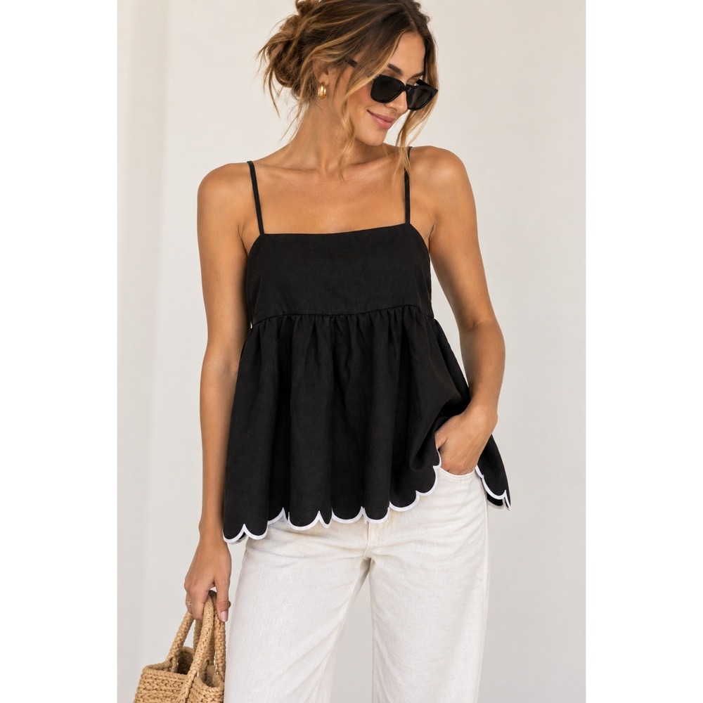 Things Between Black Scallop Hem Camisole Top Size M Linen Blend Babydoll Tank